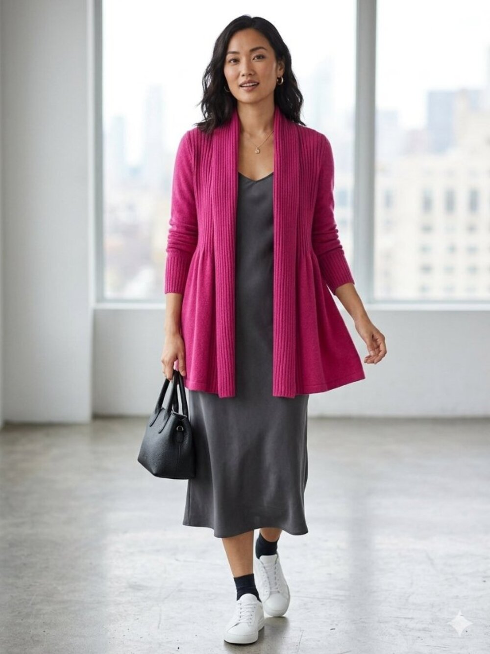 Van Heusen Pink Ribbed Open Front Draped Cardigan Sweater Small